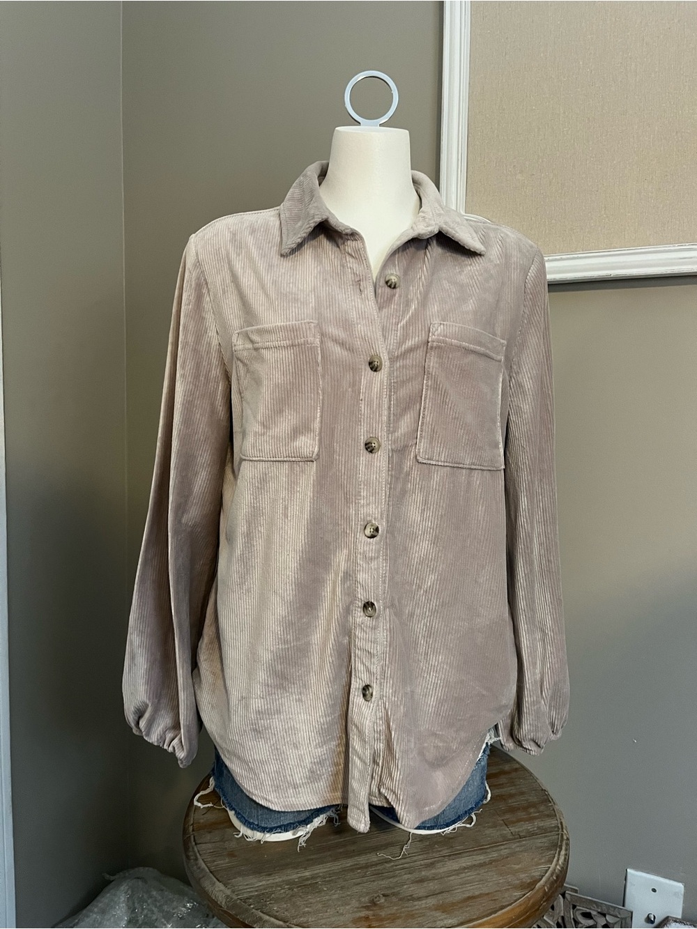Neutral Taupe mauve velvety corduroy textured Button-Up Shirt shacket